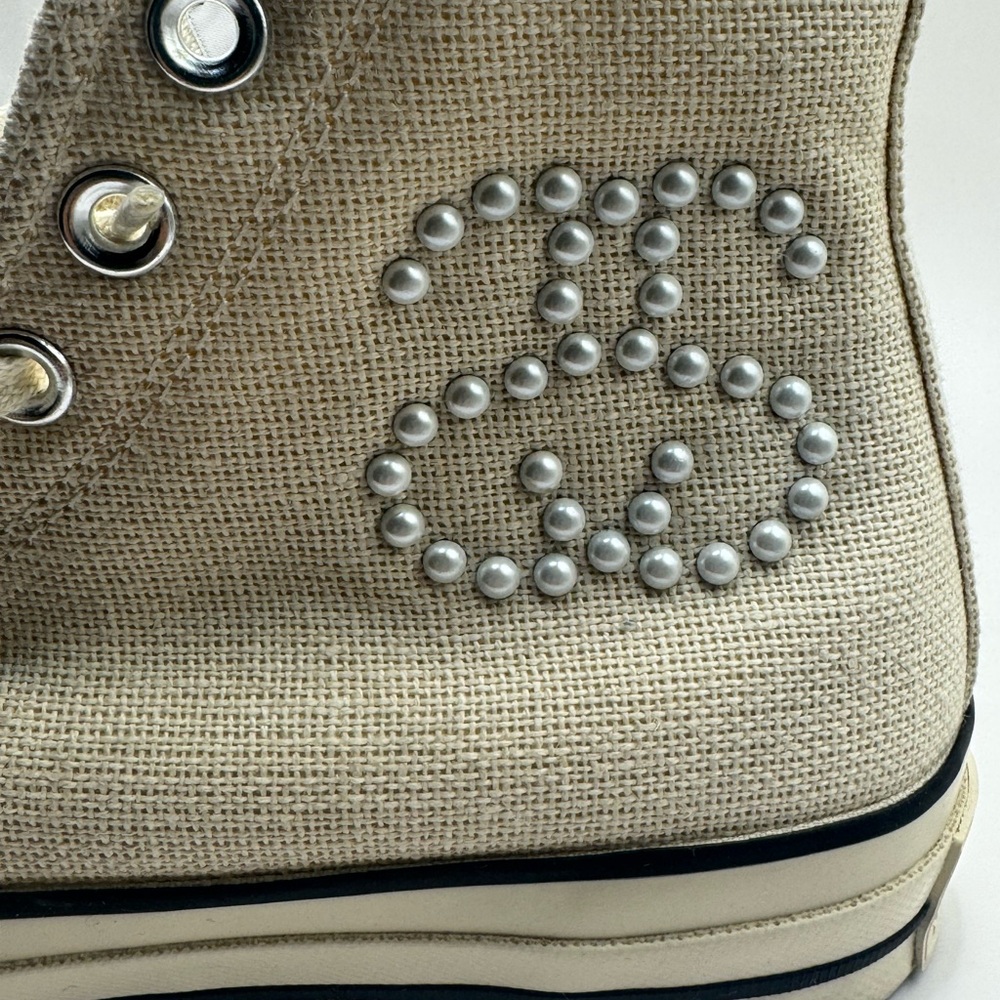 Beige High-Top Sneakers with Pearl Detailing